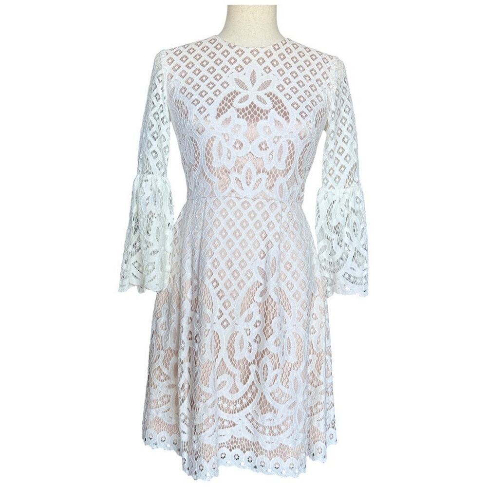 Eliza J White Lace Bell Sleeve Fit & Flare Dress Nude Lining Size 0P